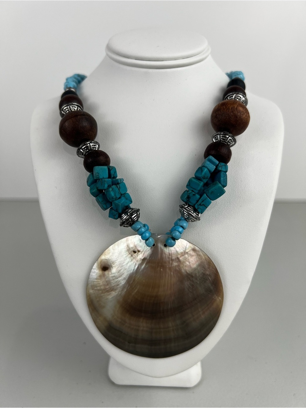 Vintage Boho Shell Pendant Turquoise Beaded Necklace Statement Piece